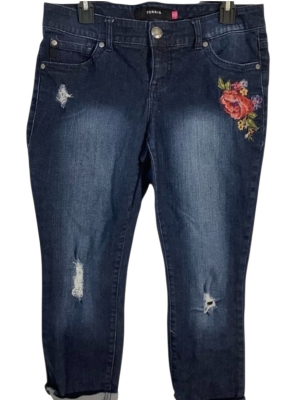 Torrid Dark Indigo Embroidered Distressed Cropped Jeans Floral Comfy NWOT Sz 12